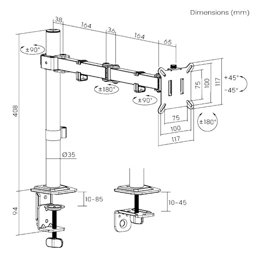 Brateck Flow Basic Articulating Monitor Arm Black, 17–32", VESA 75x75/100x100, Clamp/Grommet Mount, ±90° Swivel, Height Adjustable, Quick-Release VESA thumbnail 4