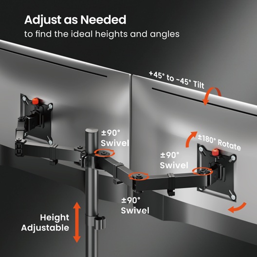 Brateck Flow Basic Articulating Dual-Screen Monitor Arm - Black, 17-32", 75x75/100x100, Clamp/Grommet Mount, Height Adjustable, Quick-Release VESA thumbnail 4