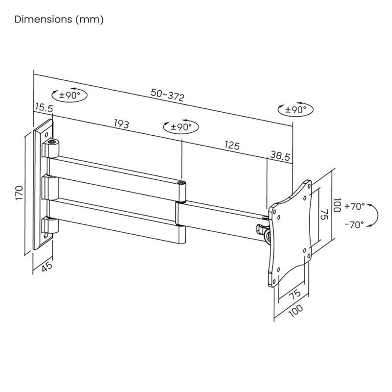 Brateck Aluminum Articulating TV Wall Mount, 13–27", 15kg Capacity, VESA 75x75/100x100, Full Motion, ±70° Tilt, ±90° Swivel, 50–372mm Extension thumbnail 2