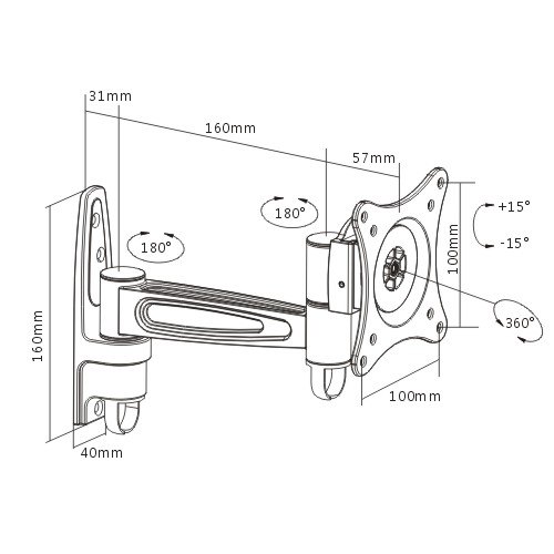 Brateck Single Monitor Wall Mount tilting & Swivel Wall Bracket Mount VESA 75mm/100mm For most 13''-27” LED, LCD flat panel TVs; up to 15kg thumbnail 2