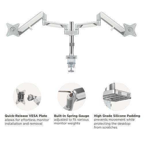 Brateck Dual Monitors Pole-Mounted Epic Gas Spring Aluminum Monitor Arm Fit Most 17"-32" Monitors, Up to 9kg per screen VESA 75x75/100x100 Grey thumbnail 4