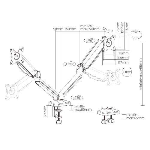 Brateck Cost-Effective Spring-Assisted Dual Monitor Arm Fit Most 17"-32" Monitor Up to 9KG VESA 75x75,100x100(Black) thumbnail 4