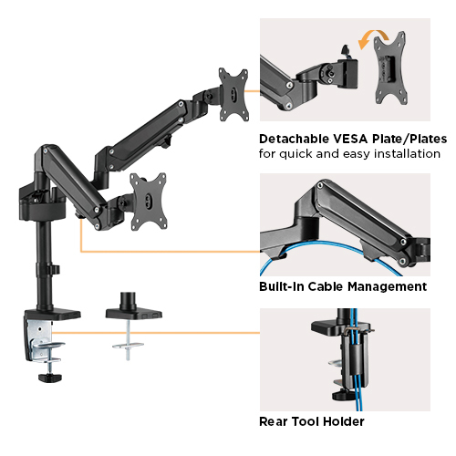 Brateck Dual Monitors Heavy-Duty Aluminum Gas Spring Monitor Arm Fit Most 17''-32'' Up to 12kg per screen VESA 75x75/100x100 thumbnail 4