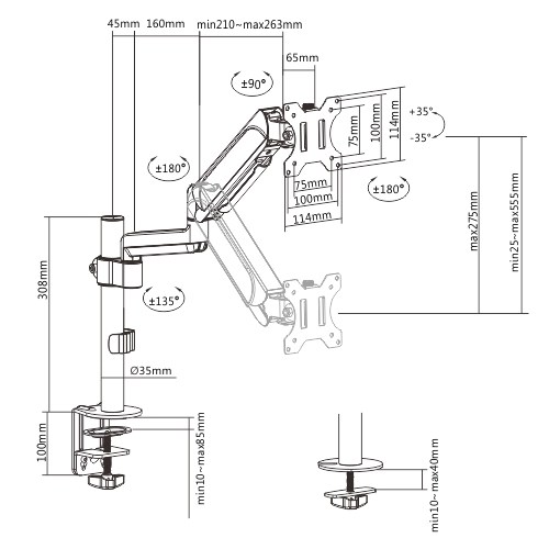 Brateck Single Monitor Pole-Mounted Gas Spring Monitor Arm Fit Most 17" - 32" Monitor Up to 9Kg Per screen VESA 75x75/100x100 thumbnail 3