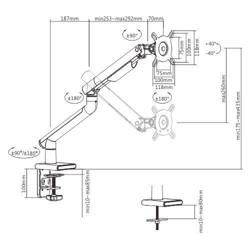 Brateck Single Monitor Premium Slim Aluminum Spring-Assisted Monitor Arm Fix Most 17"-32" Monitor Up to 9kg per screen VESA 75x75/100x100 - White thumbnail 2