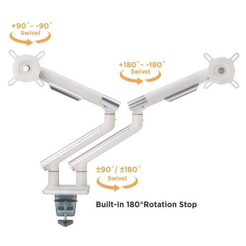 Brateck Dual Monitor Premium Slim Aluminum Spring-Assisted Monitor Arm Fix Most 17"-32" Monitor Up to 9kg per screen VESA 75x75/100x100 (White) gallery 4