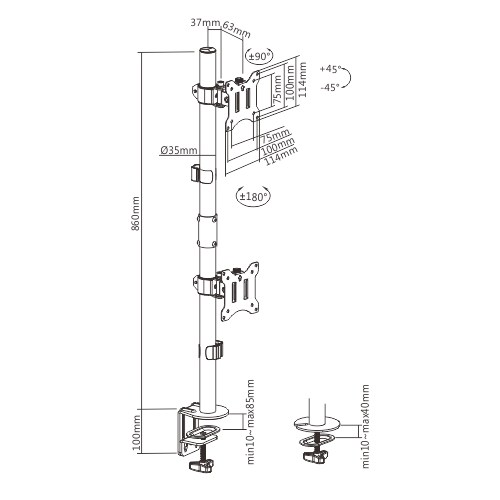 Brateck Vertical Pole Mount Dual-Screen Monitor Mount Fit Most 17"-32" Monitors, Up to 9kg per screen VESA 75x75/100x100 thumbnail 3