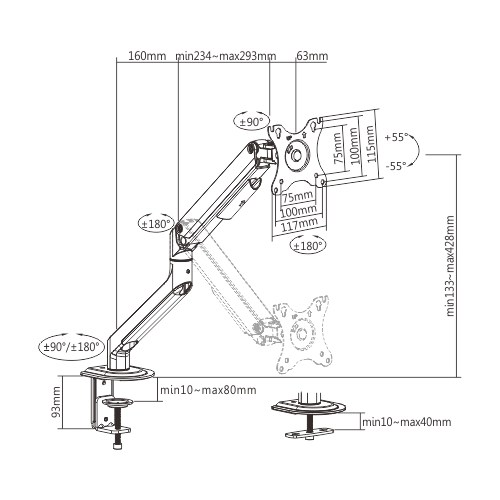 Brateck Single Monitor Economical Spring-Assisted Monitor Arm Fit Most 17"-32" Monitors, Up to 9kg per screen VESA 75x75/100x100 Matte Silver thumbnail 2