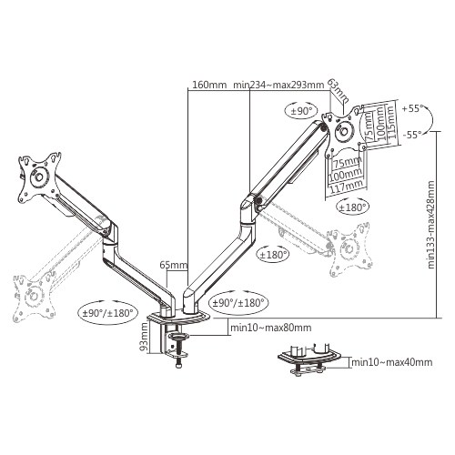 Brateck Dual Monitor Economical Spring-Assisted Monitor Arm Fit Most 17"-32" Monitors, Up to 9kg per screen VESA 75x75/100x100 Space Grey gallery 2