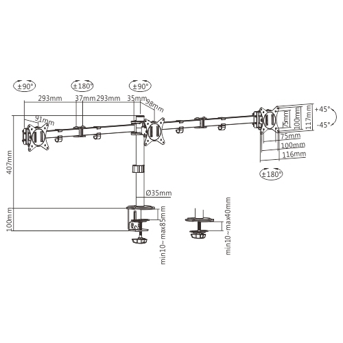 Brateck Triple-Monitor Steel Articulating Monitor Mount Fit Most 17"-27" Monitor Weight Capacity (per screen):7kg, VESA: 75x75,100x100(Black) thumbnail 4