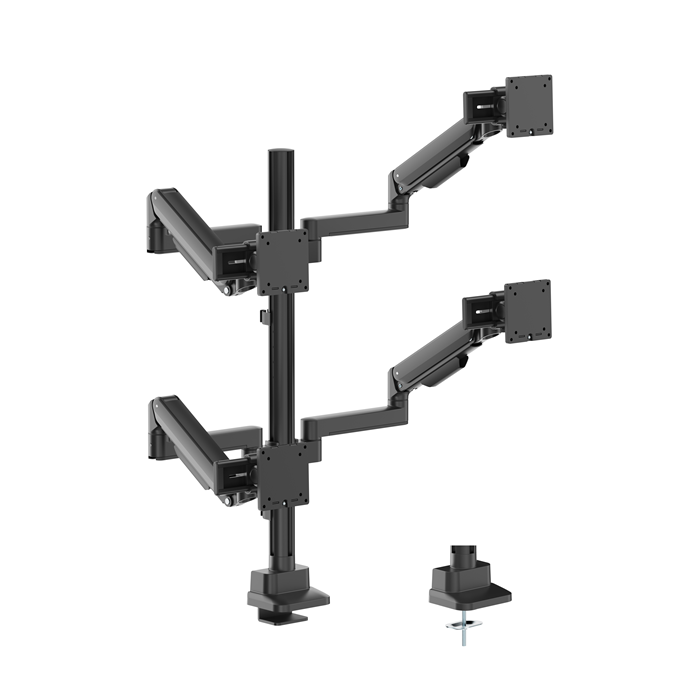 Brateck Modular Mechanical Spring Quad Monitor Arm with Sliders,  from 17”-40”, weight capacity (per flat screen) 11kg, 180° Rotation (Black)