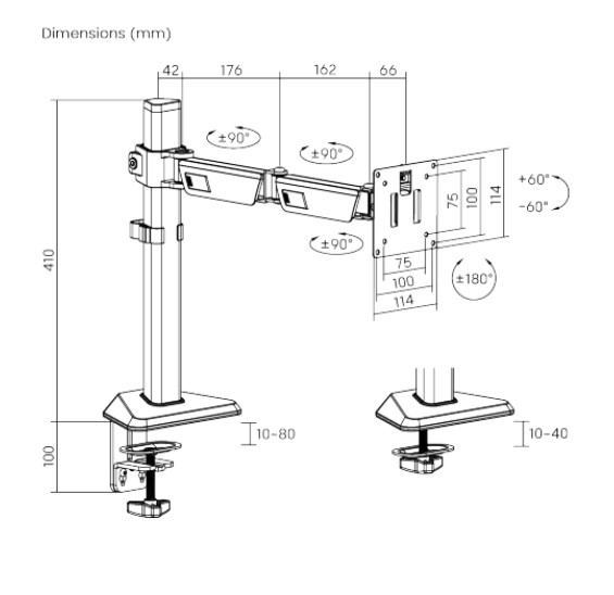 Brateck LDT89-C012 Amethyst Articulating Gaming Monitor Arm Matte Black, Fit Screen Size: 17"-40" Up to 12 KG, VESA 75x75,100x100 thumbnail 3
