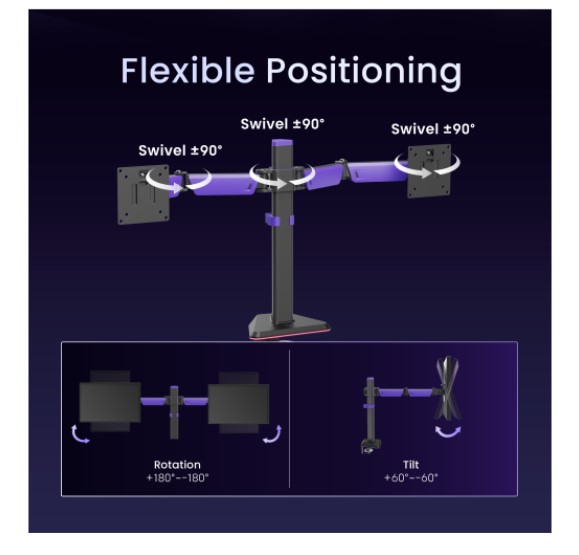 Brateck LDT89-C024 Matte Black Amethyst Articulating Gaming Dual Monitor Arm,  Fit Screen Size: 17"-32", Screen Quantity: 2 thumbnail 2