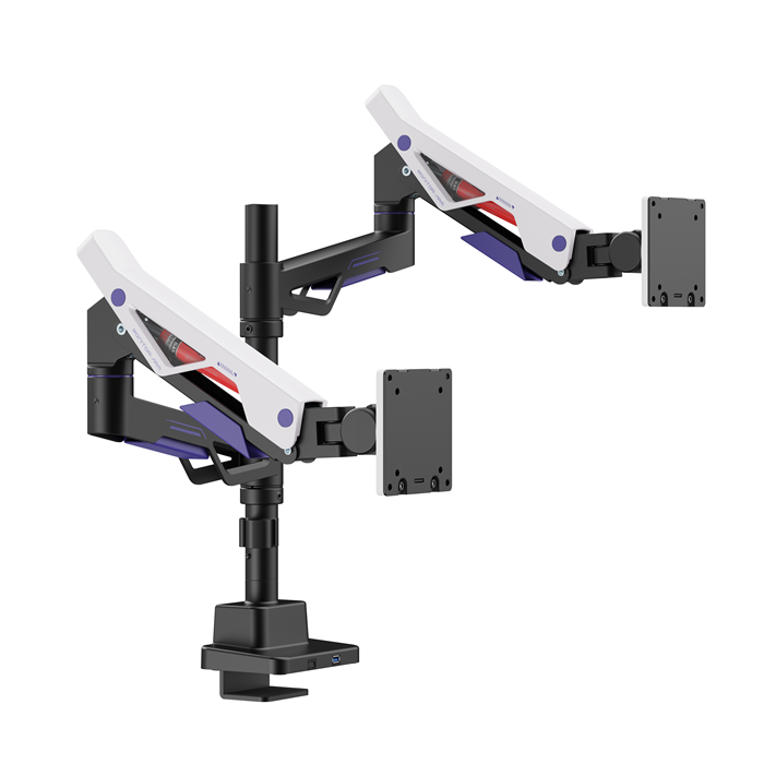 Brateck LDT95-C024UCP Atlas Neo Gaming Pole-Mounted Dual Monitor Arm with USB-A & USB-C Ports For most 24"~57" Monitors, Matte Black & White (New)
