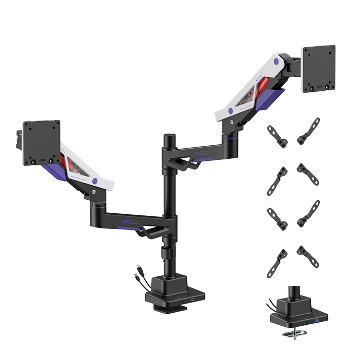 Brateck LDT95-C024UCP Atlas Neo Gaming Pole-Mounted Dual Monitor Arm with USB-A & USB-C Ports For most 24"~57" Monitors, Matte Black & White (New) thumbnail 2