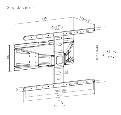 Brateck LPA79-464 Ultra-Slim Full-Motion TV Wall Mount For most 43"-90" TVs (Black) 250x632x432mm thumbnail 4