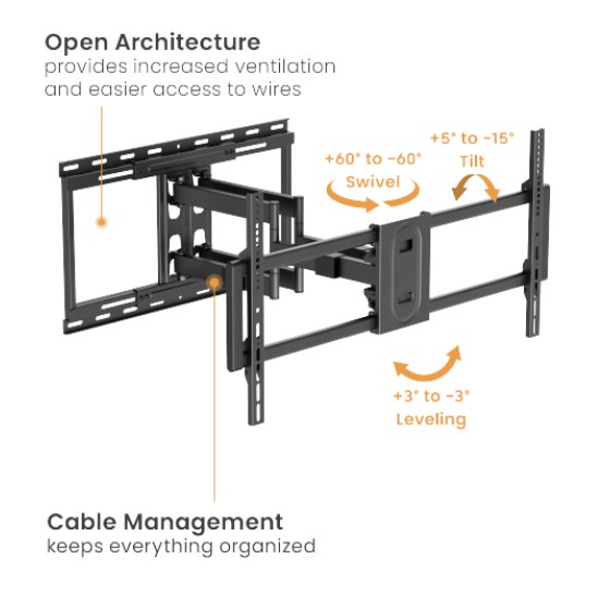 Brateck LPA80-486A HEAVY-DUTY FULL-MOTION TV WALL MOUNT WITH LATERAL SHIFT WALL PLATE For Double Stud (600mm) & Solid Wall thumbnail 2