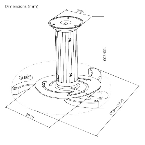 Brateck Projector Ceiling Mount Fit most Projectors Up to10kg: up and down tilt, horizontal rotation, Ceiling profile: 80 or 170mm gallery 2